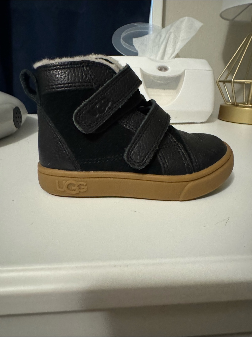 UGG Kids Black Leather High-Top Boot with Tan Sole